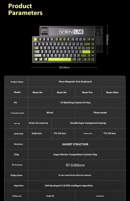 Vgn Neon 75 Mechanical Keyboard Tri Mode E-Sports Magnetic Switch Game Keyboard 75% Hot Swap 8000mah For Pc Accessory Customized