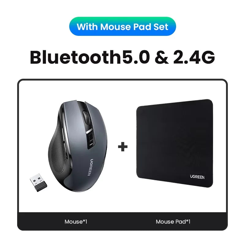 Ratón inalámbrico UGREEN Bluetooth 5.0 ergonómico, 4000DPI, 6 botones silenciosos, para MacBook, tabletas, portátiles, ordenador PC, 2.4G