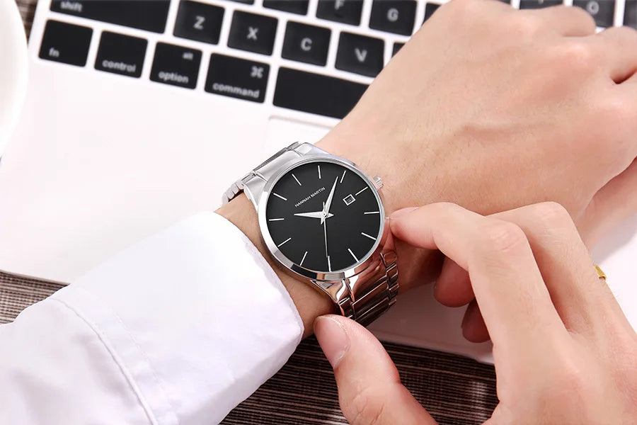 Hannah Martin men’s watch, stainless steel case, quartz movement, 41 mm dial, business style, with calendar display (imitation)
