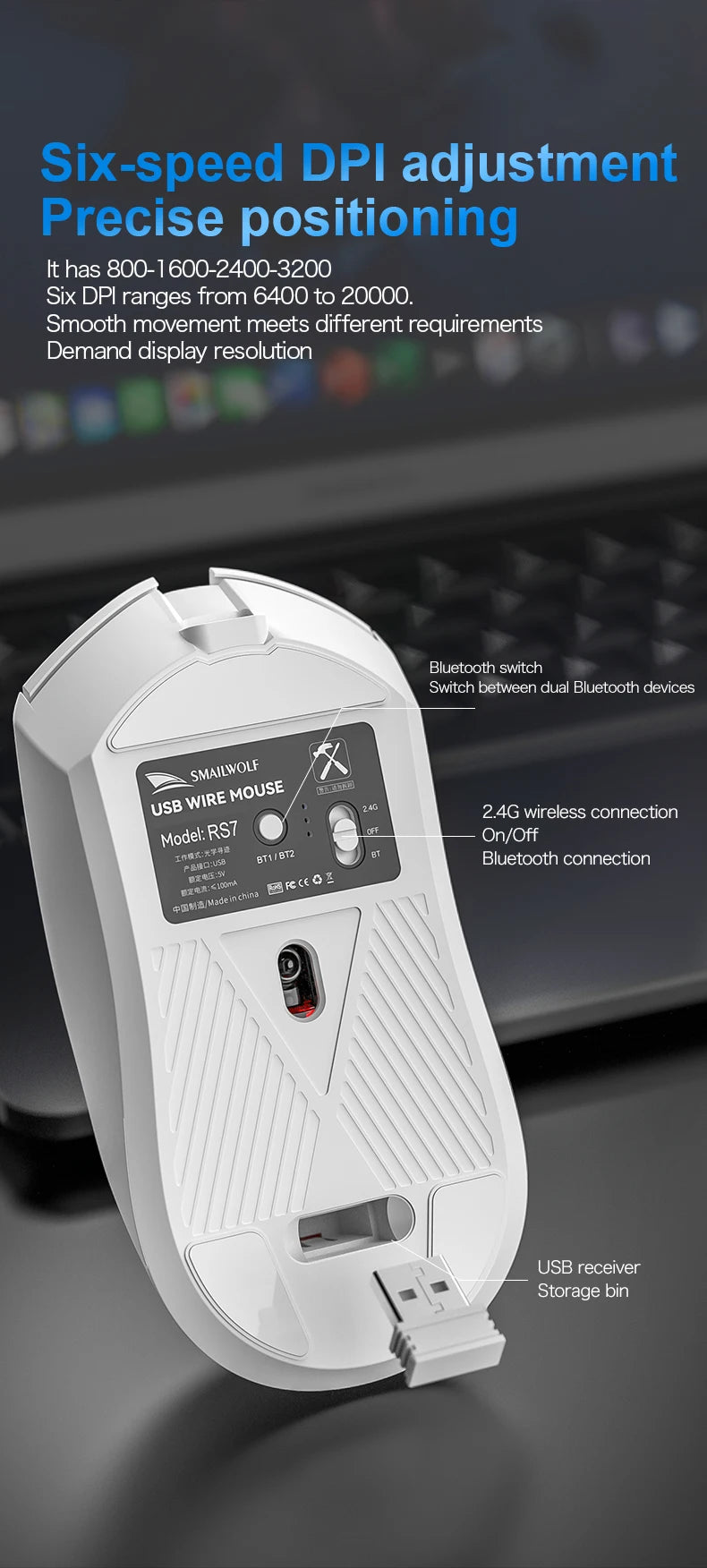 Ratón gaming inalámbrico Bluetooth SMAILWOLF RS7 de tres modos PAW3311 con macros, para portátil, gaming y oficina