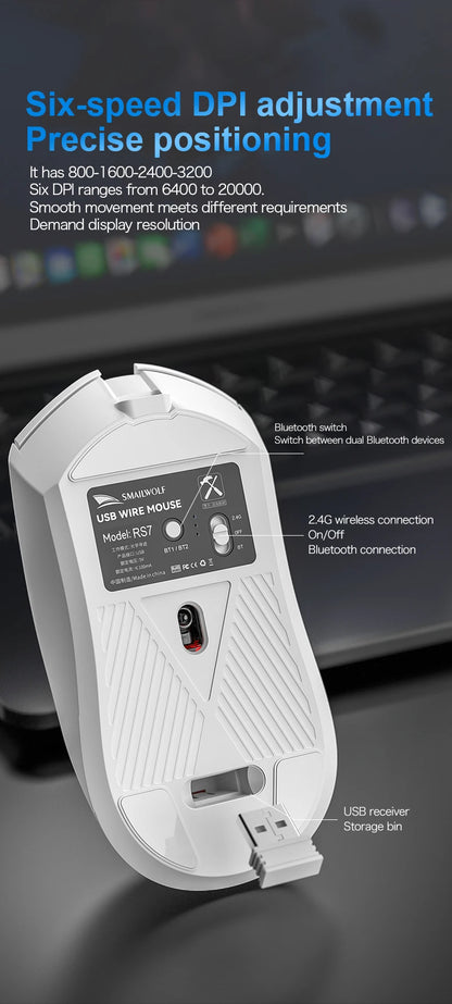 Ratón gaming inalámbrico Bluetooth SMAILWOLF RS7 de tres modos PAW3311 con macros, para portátil, gaming y oficina