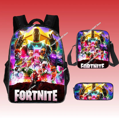 3-teiliges Set Fortnite-Gaming-Rucksack, Anime-Cartoon, große Kapazität, Schultaschen für Schüler, Federmäppchen, Kawaii-Lunchbag, Geburtstagsgeschenke