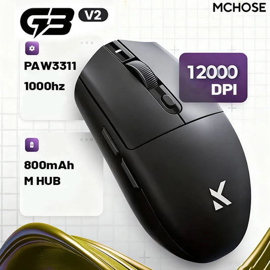 MCHOSE G3 V2 Pro trådlös e-sportmus, lätt, tre lägen, Bluetooth, PAW3395, hög prestanda, 800mAh, gaming och kontor, 59g mus