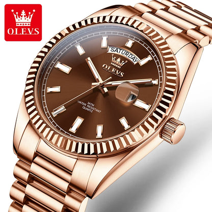 OLEVS Men's Watch Top Brand Luxury Wrist Watch For Men Fashion Rose Gold Stainless Steel Waterproof Watch Day Date Quartz Clock