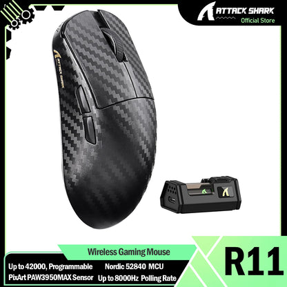 ATTACK SHARK R11 ULTRA 49g kulfiber 8000Hz trådløs gamingmus, 42000 DPI, 20000 FPS, PAW3950MAX, Nordic 52840-chip