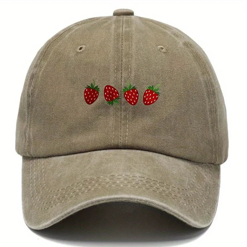 Casquette de baseball imprimée « fraises » avec visière réglable, casquette « duckbill » tendance pour hommes et femmes, design à visière souple