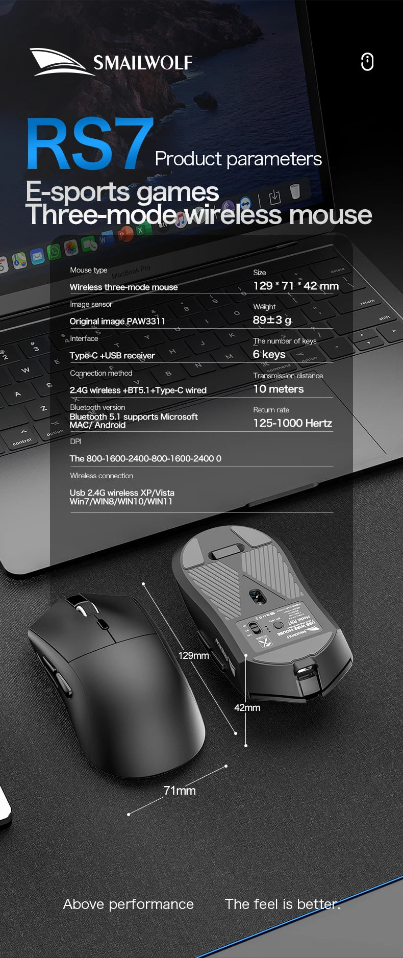 Ratón gaming inalámbrico Bluetooth SMAILWOLF RS7 de tres modos PAW3311 con macros, para portátil, gaming y oficina