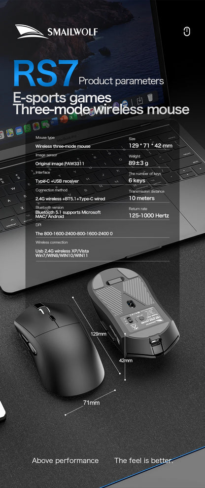 Ratón gaming inalámbrico Bluetooth SMAILWOLF RS7 de tres modos PAW3311 con macros, para portátil, gaming y oficina