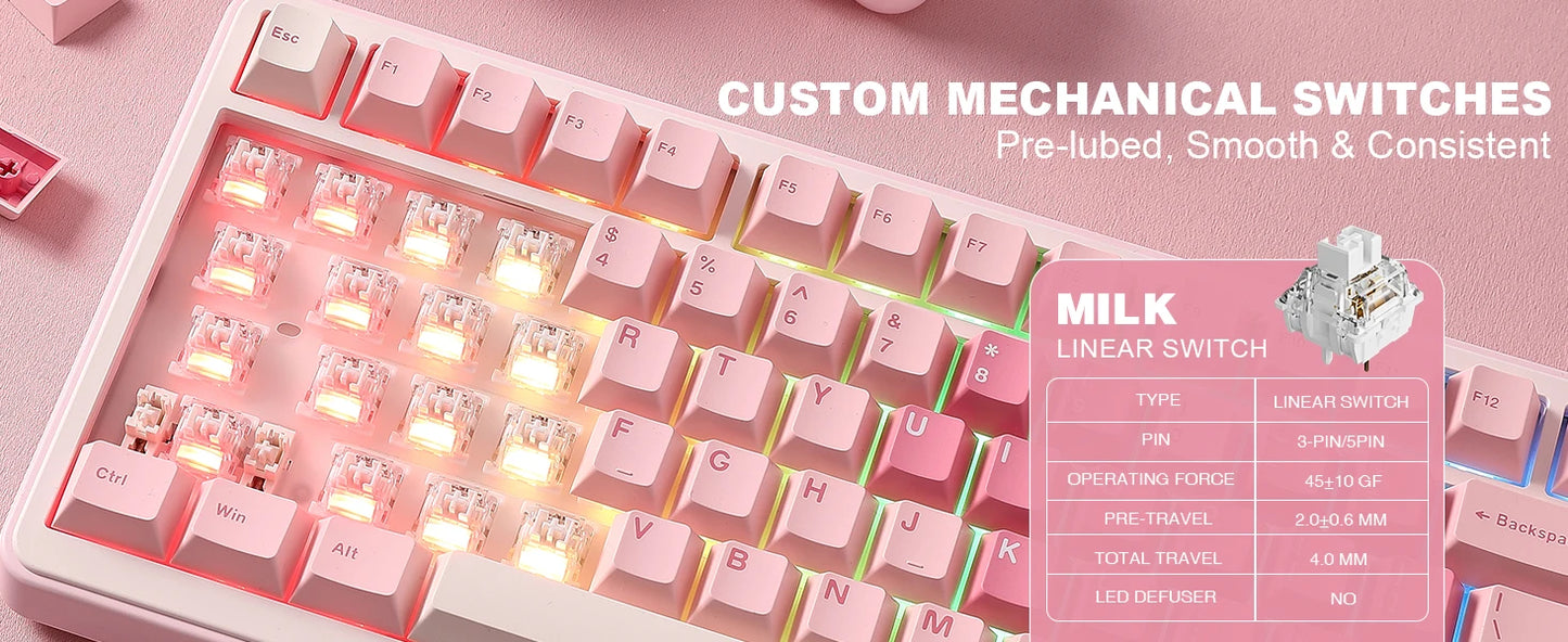 YUNZII B75 PRO Pink Mechanical Gaming Keyboard, Bluetooth/Wire/Wireless 75 Knob RGB Keyboard, Gasket Hot-Swap Custom Creamy Keeb