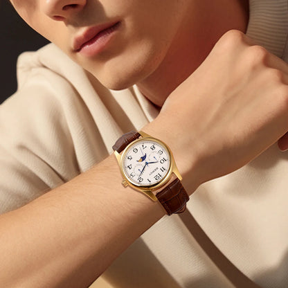 BERNY Watches for Men Moon Phase Quartz Men's Watch Day and Date Calendar Easy Read Vintage-Style Business Dress Wristwatch