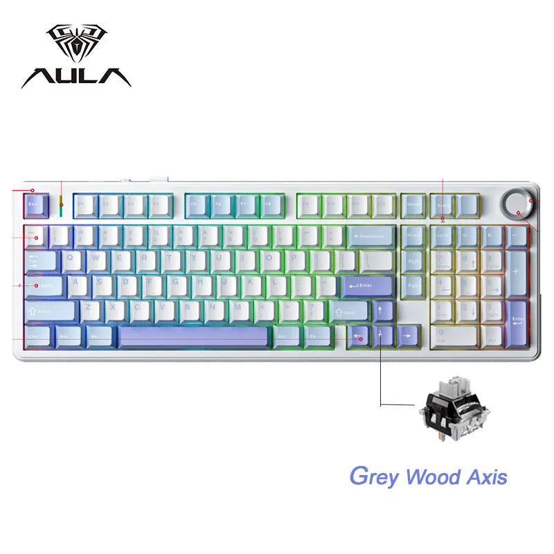 Tastiera meccanica gaming AULA F99PRO 99 tasti, tri-mode wireless, hot-swappable, struttura gasket, tastiera personalizzabile con manopola multimediale