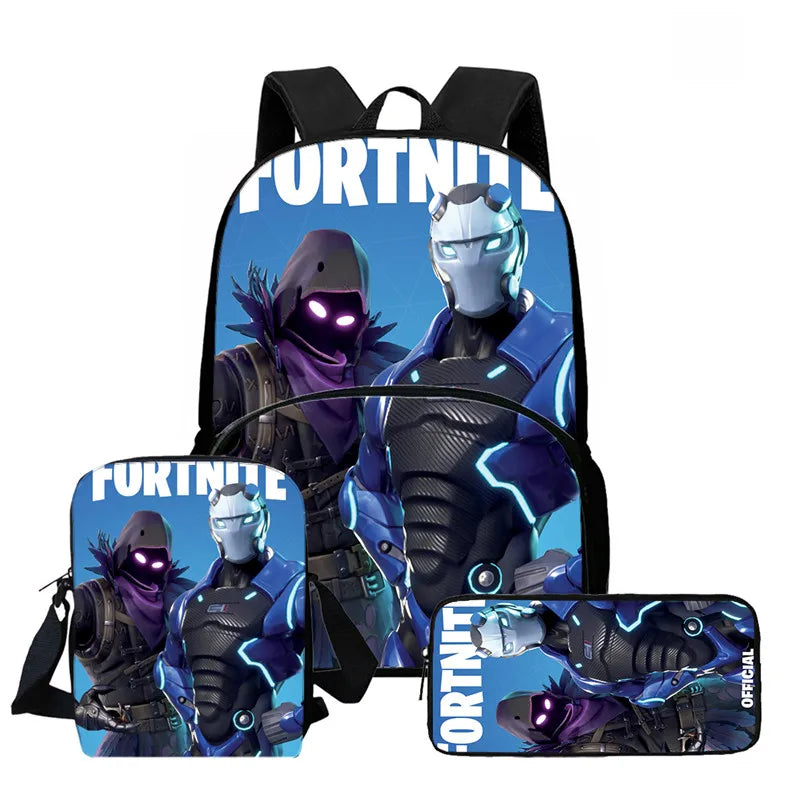 Conjunto de Mochila Fortnite Cartoon de 3 Peças Unissexo para Rapazes e Raparigas, Mochila com Bolso Frontal, Mala a Tiracolo e Estojo, Presente Ideal