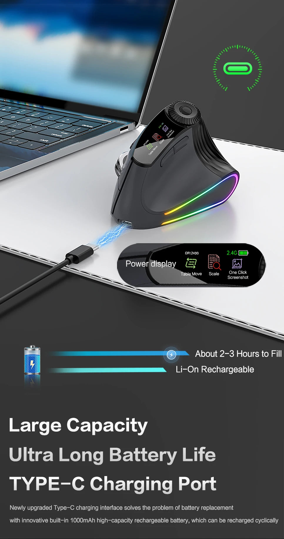 Backlit Wireless Ergonomic Mouse with Smart Flying Scroll, Function Adjustment Knob, Bluetooth & 2.4G Rechargeable Gaming Mouse