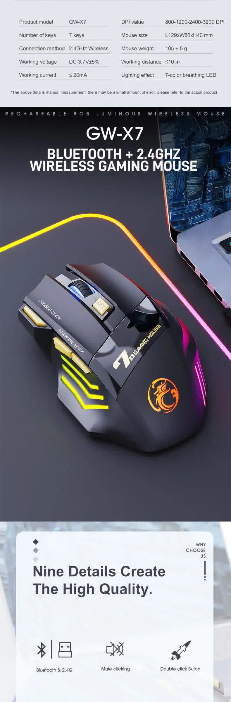 Wireless Mouse Bluetooth Wireless Mouse Rechargeable Computer Mouse Gamer Ergonomic Gaming Mouse RGB Backlit Silent Mice For PC
