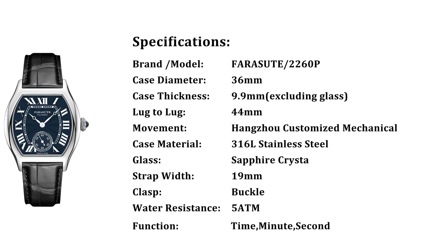FARASUTE New Classic Hangzhou Customized Movement Manual Mechanical Watch Men Sapphire Crystal Small Second 50m Waterproof reloj