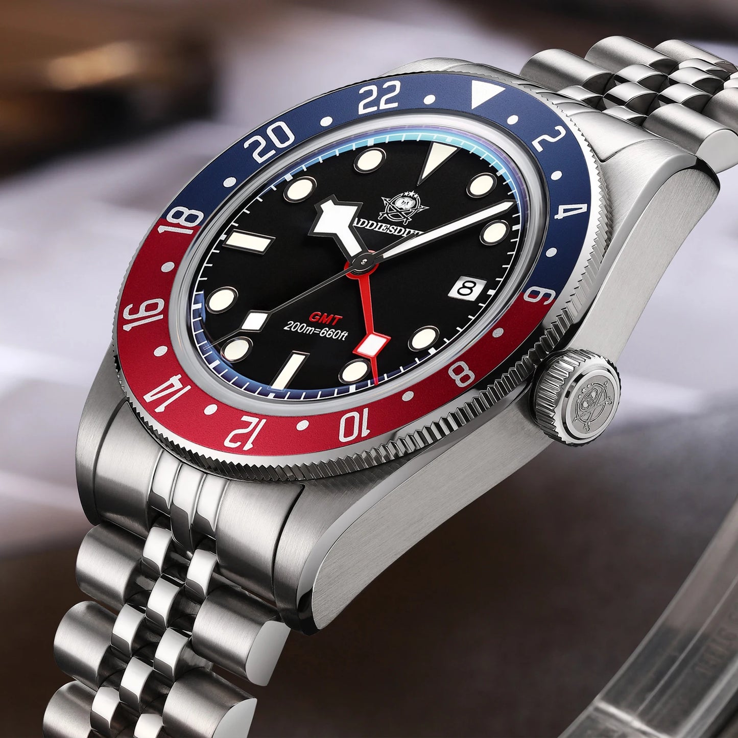 ADDIESDIVE GMT Quartz Watches Bubble Mirror Glass AD2044 Men's Sport Diver Watch 20Bar Waterproof Super Luminous Man WristWatch
