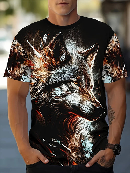 New Fashionable Men's Round-neck Short-sleeved T-shirt 3D Printed Wolf T-shirt Men's Casual Sports Short-sleeved Street Top