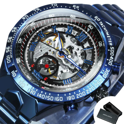Relógio automático para homem WINNER – Modelo esqueleto transparente, ponteiros luminescentes, bracelete em aço inoxidável, relógio mecânico de marca de luxo