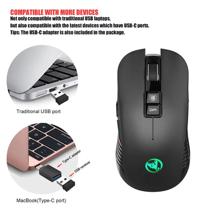 Ratón inalámbrico USB recargable para diestros, con Type-C, para portátil y ordenador, clic silencioso, retroiluminado, ratón gaming 3600cpi