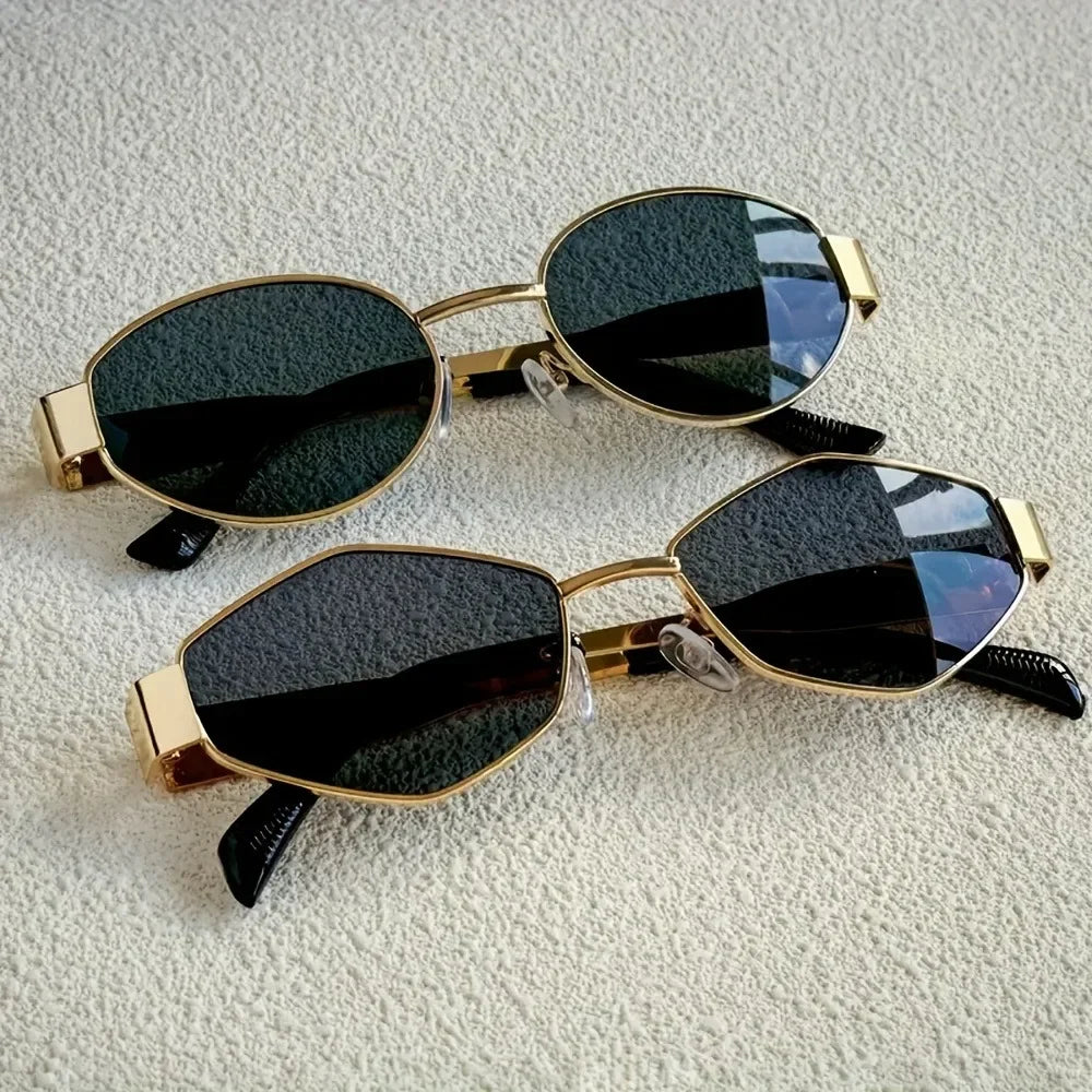 2Pcs Fashionable Oval & Polygonal Frame Combination Sunglasses, Metal Frame Pc Lenses, Fashionable Wear, Holiday Gifts