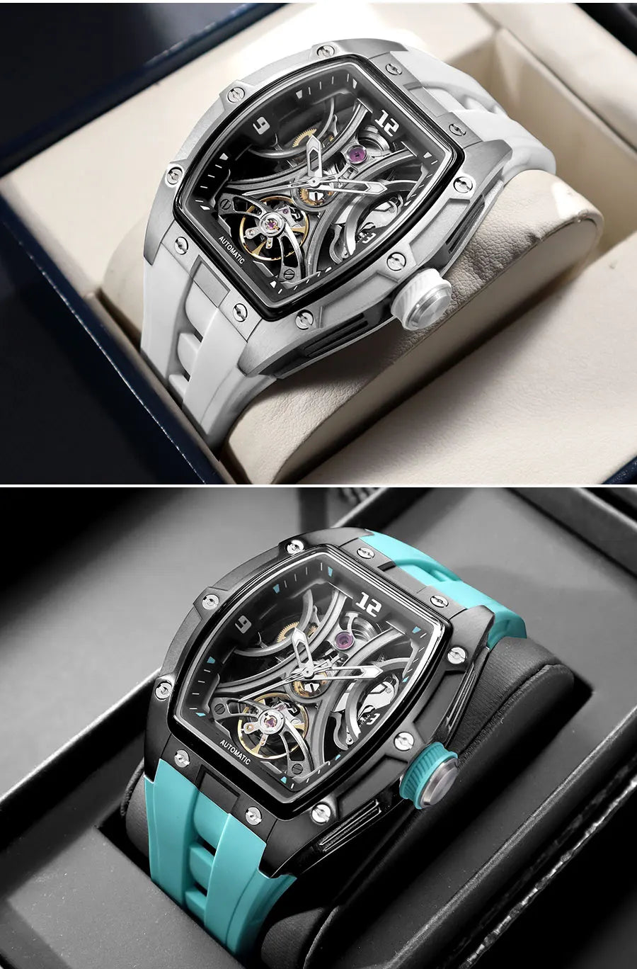 MEGIR Sports Style Automatic Mechanical Watch for Men Full Hollow Transparent Dial Design Stainless Steel Case Silicone Strap