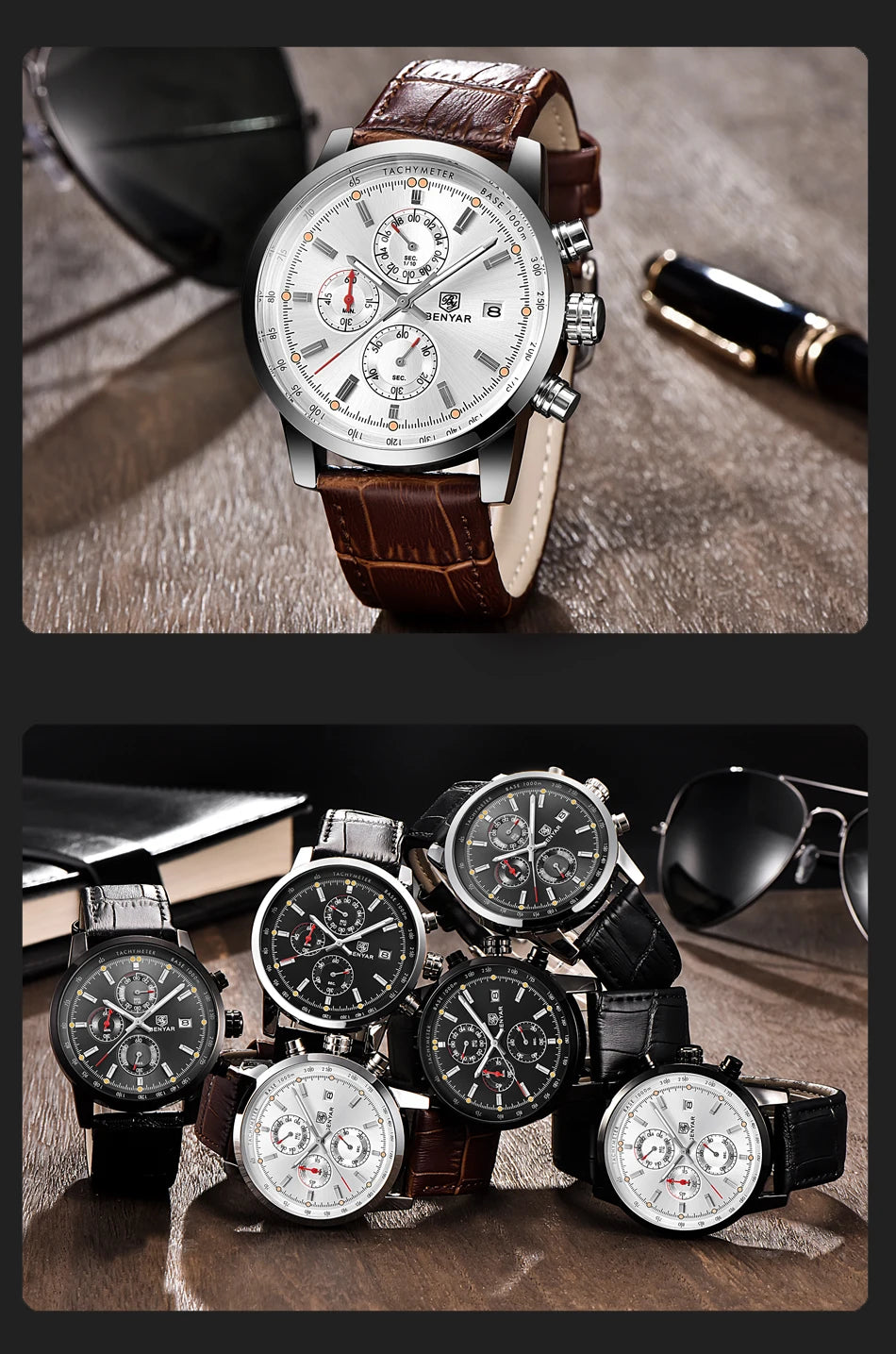 Montre pour homme BENYAR 5102 – Chronographe sportif de luxe à quartz, accessoire de mode d'une grande marque