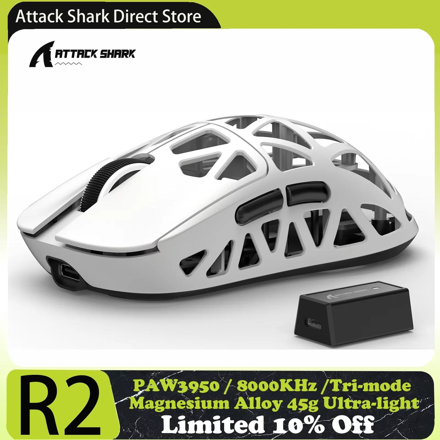 ATTACK SHARK R2 Magnesium Alloy PAW3950 Gaming Mouse, Tri-mode, 8000hz, 42000 DPI, 45g Ultralight, 100M Clicks Microswitches