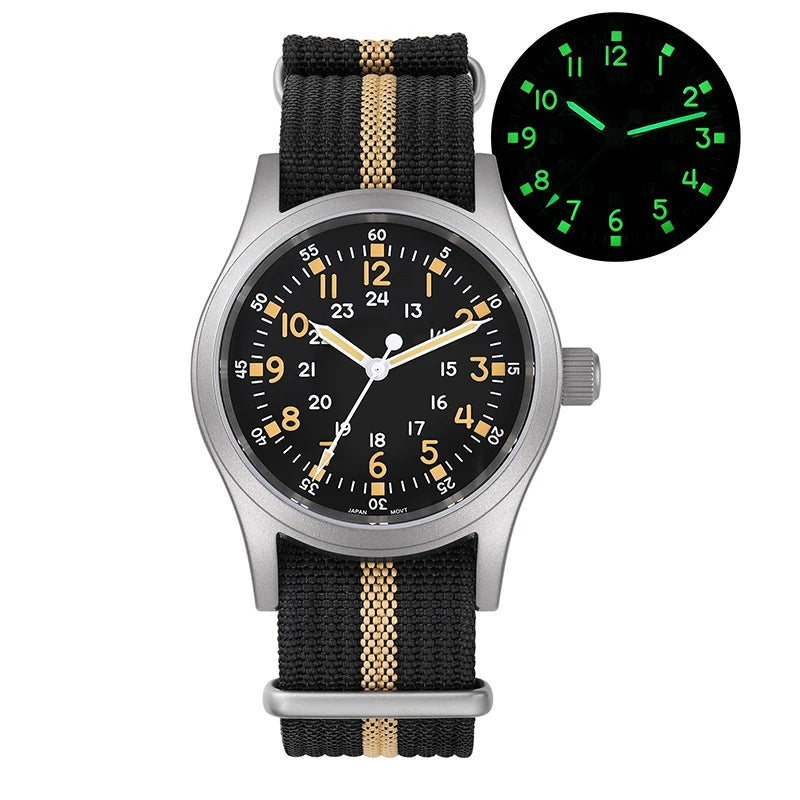 Militado ML05 38mm Vintage Watch VH31 Quartz Movement Field Watches Domed Sapphire Crystal With High Clear AR Coating Wristwatch