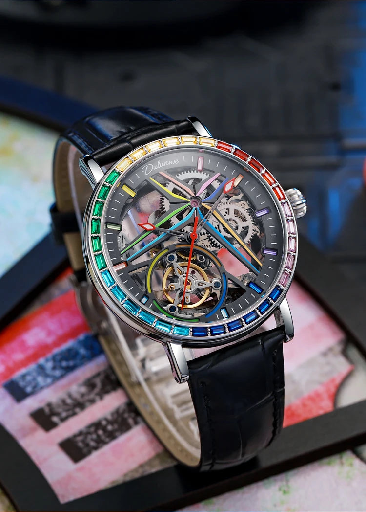 Montre squelette pour homme, style mode, ornée de pierres précieuses aux couleurs de l'arc-en-ciel, dotée d'un tourbillon; montre mécanique automatique de luxe, étanche jusqu'à 30 mètres.