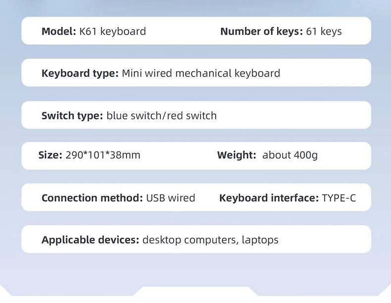 60% Portable Mini Keyboard APAYADO K61 Mechanical Keyboard Wired, 61 Keys RGB Black,White, Red/Blue Switch for Gaming