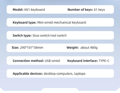 60% Portable Mini Keyboard APAYADO K61 Mechanical Keyboard Wired, 61 Keys RGB Black,White, Red/Blue Switch for Gaming