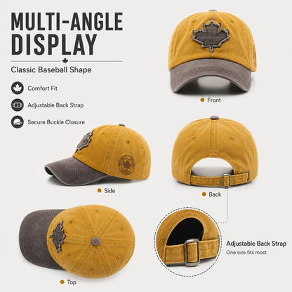 Casual Washed Denim Look Maple Leaf Patch Cap Adjustable Two Tone Outdoor Sport Baseball Hat for Daily Wear