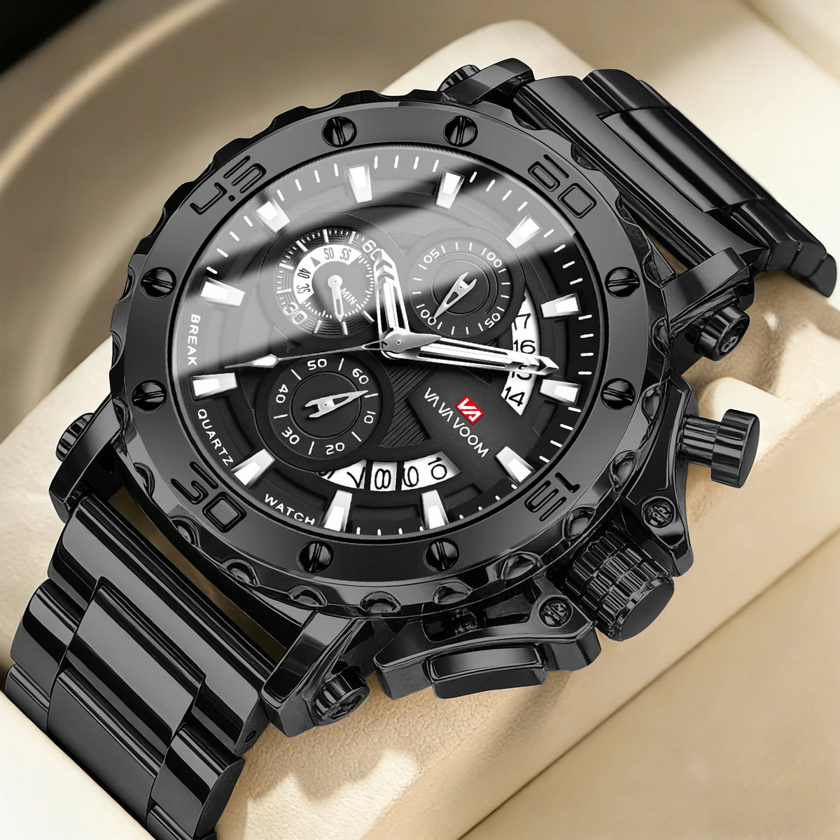 Montre chronographe VA VA VOOM pour homme, calendrier, lumineuse, étanche, montre de luxe en acier inoxydable à quartz.