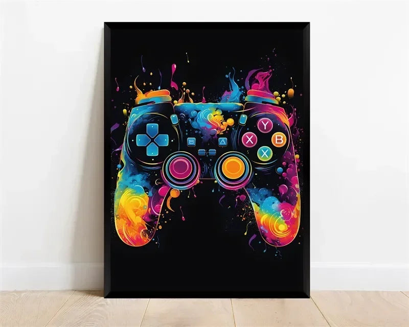 Póster Néon de Personagem de Videojogo com Gamepad, Auscultadores, Futebol e Basquetebol em Tela — Arte de Parede para Decoração de Quarto Gaming