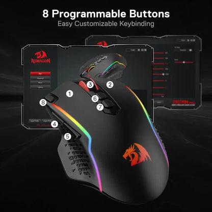 Redragon M810 Pro безжична геймърска мишка, 10000 DPI жична геймърска мишка с бутон Rapid Fire, 8 макро бутона, черно-бяла мишка