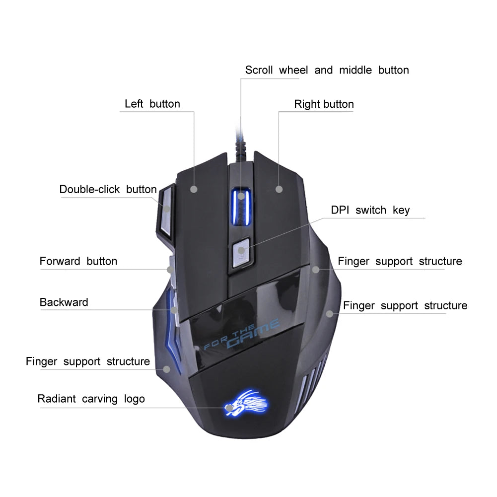Mouse da gaming cablato con retroilluminazione a 7 colori, 5500 DPI regolabili, mouse ottico cablato nero per PC gaming e computer desktop