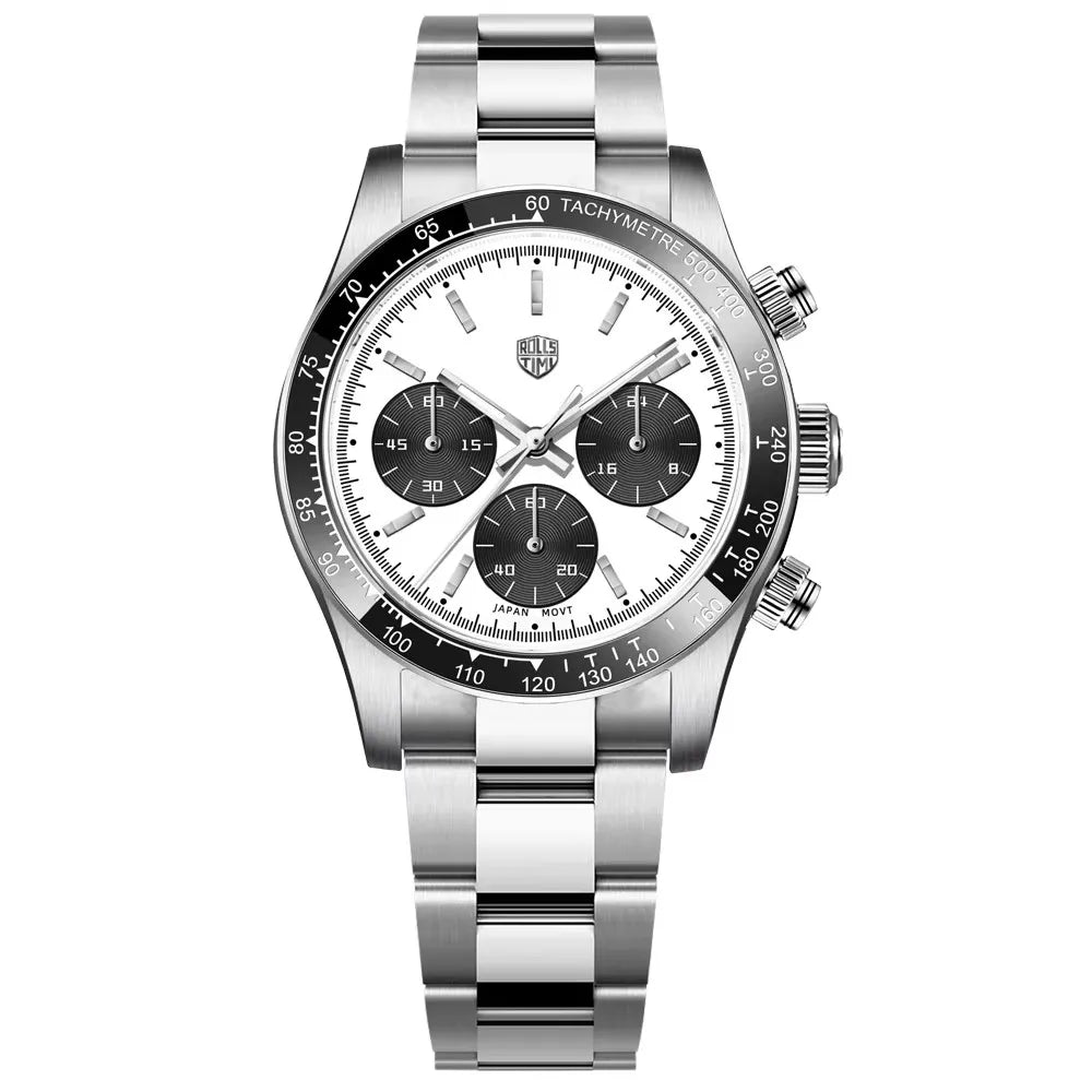 Relógios masculinos Rolls Timi Panda – Cronógrafo de quartzo, modelo de luxo, vidro de safira com tratamento antirreflexo, estanque, estilo desportivo