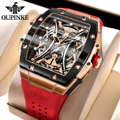 OUPINKE Herrenuhr – klassische Luxus-Armbanduhr mit Tonneau-Zifferblatt, Original-Topmarke, automatische mechanische Uhr, Silikonarmband, Saphirglas, neu