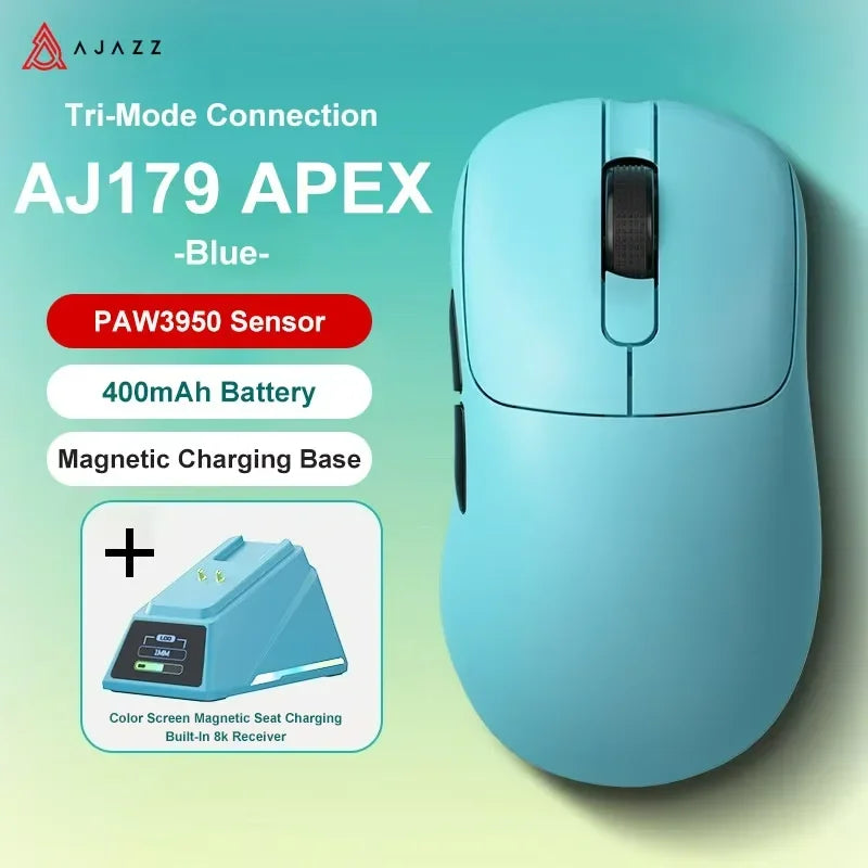 Ασύρματο Gaming Ποντίκι Ajazz AJ179 APEX με Βάση Έγχρωμης Οθόνης, Bluetooth, PAW3395, Μπαταρία 400mAh, Ρυθμός Ανανέωσης 8000Hz