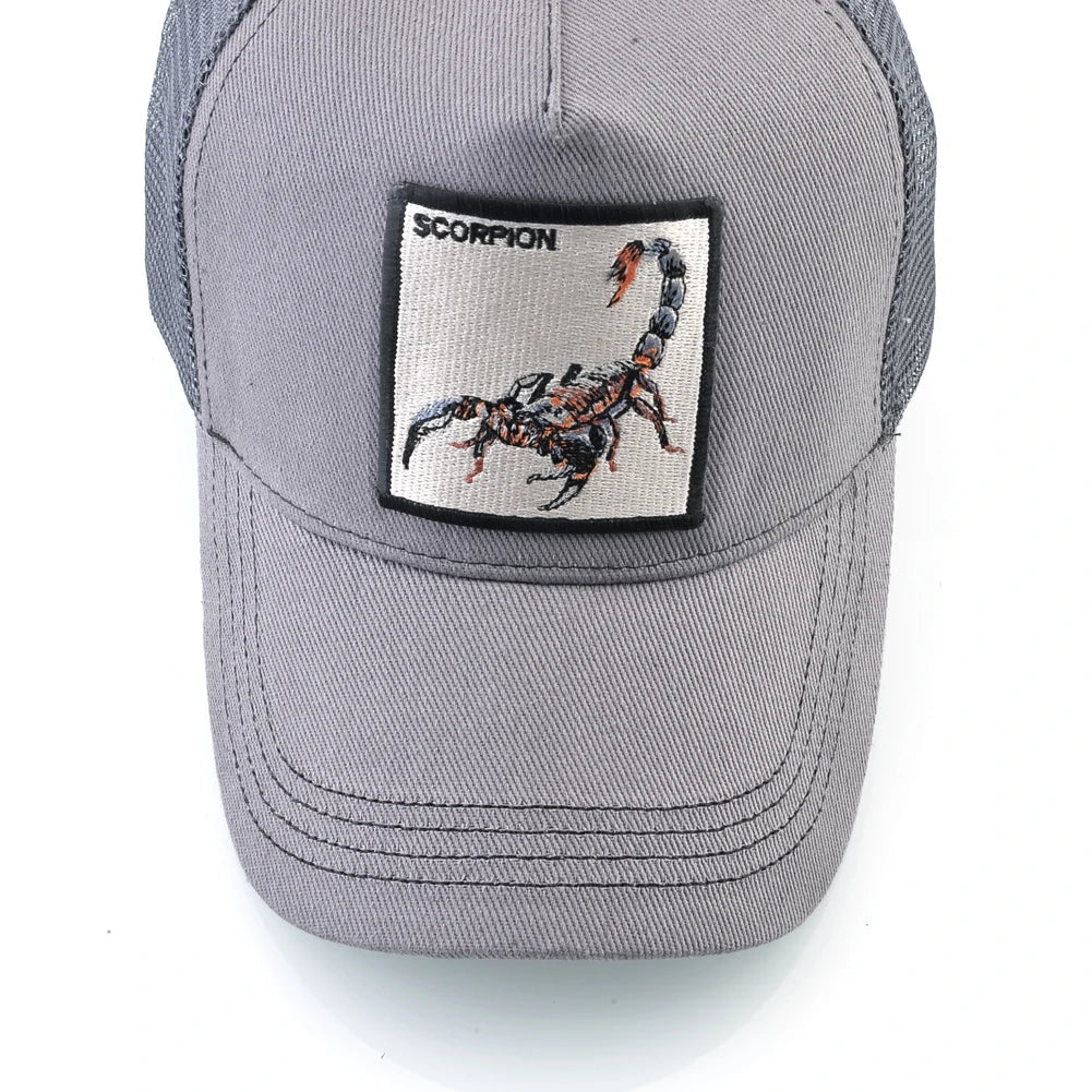 Unisex-trucker-lippalakki, jossa on brodeerattu skorpionimerkki. Miesten baseball-lippalakki, naisten snapback-lippalakki, hiphop-lippalakki, ulkoiluun sopiva hengittävä lippalakki