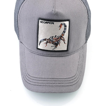 Unisex-trucker-lippalakki, jossa on brodeerattu skorpionimerkki. Miesten baseball-lippalakki, naisten snapback-lippalakki, hiphop-lippalakki, ulkoiluun sopiva hengittävä lippalakki