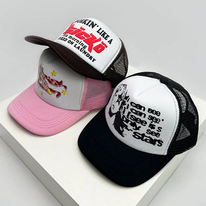 Kšiltovky ve stylu amerických kšiltovek s potiskem Cruise Anime New Letter Mesh Trucker – sluneční, prodyšné baseballové kšiltovky pro muže i ženy, univerzální módní kousek