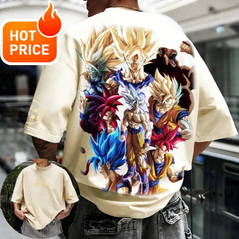 Лятна тениска Dragon Ball 2026, 100% памук, щампа Goku във всички форми, oversized, за фитнес и streetwear, унисекс ретро тениска за възрастни и деца