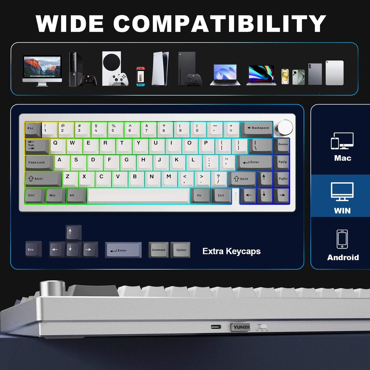 YUNZII AL68 Silver Aluminum Mechanical Gaming Keyboard, QMK/VIA Wireless Keyboard, Hot Swap Gasket Custom Keyboard with Knob