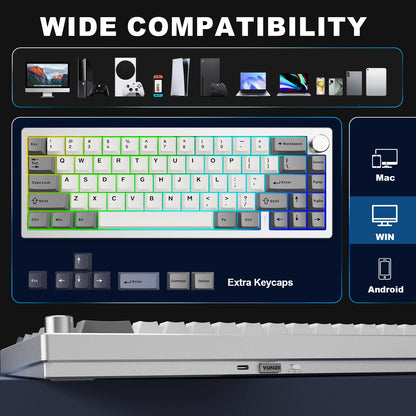 YUNZII AL68 Silver Aluminum Mechanical Gaming Keyboard, QMK/VIA Wireless Keyboard, Hot Swap Gasket Custom Keyboard with Knob