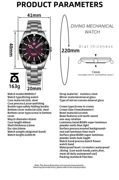 Upgraded Model 9017 Automatic Watch Mechanical 3D Dimensional Luminous Watch Needle Ceramic Bezel 150 Meters Waterproof Diving