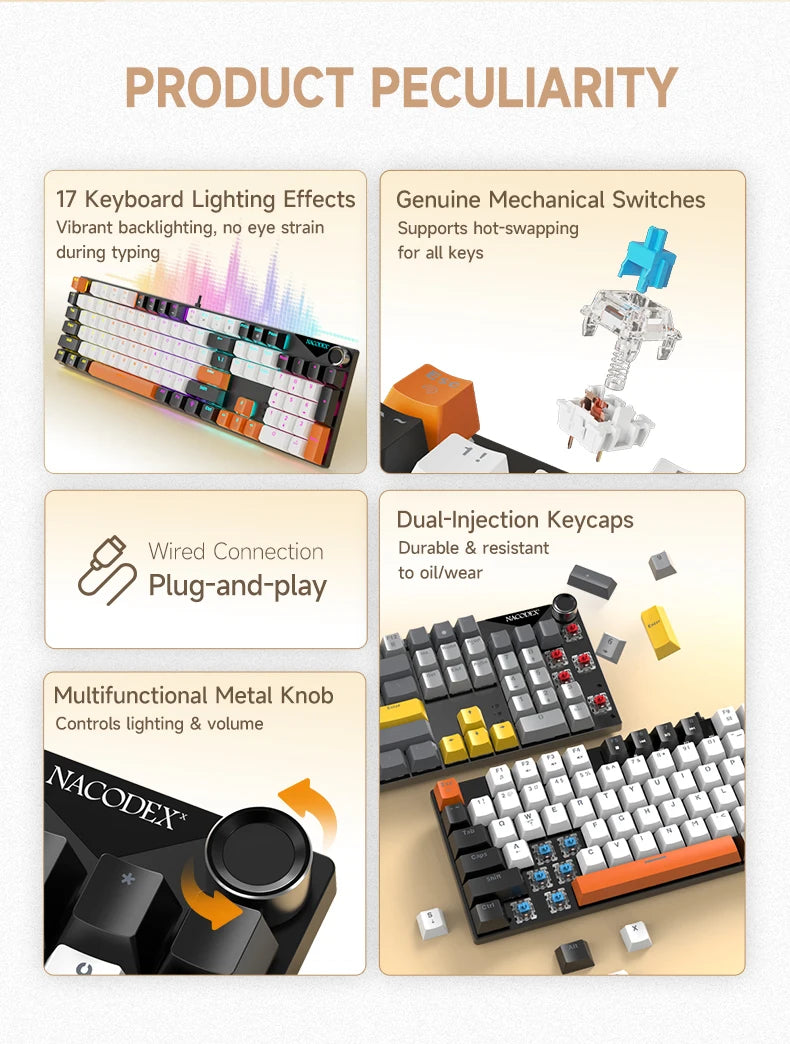 Teclado mecánico AJAZZ NK104 con cable, teclas de doble inyección, 104 teclas, hot-swapping y retroiluminación LED híbrida para gamers, compatible con laptop y PC