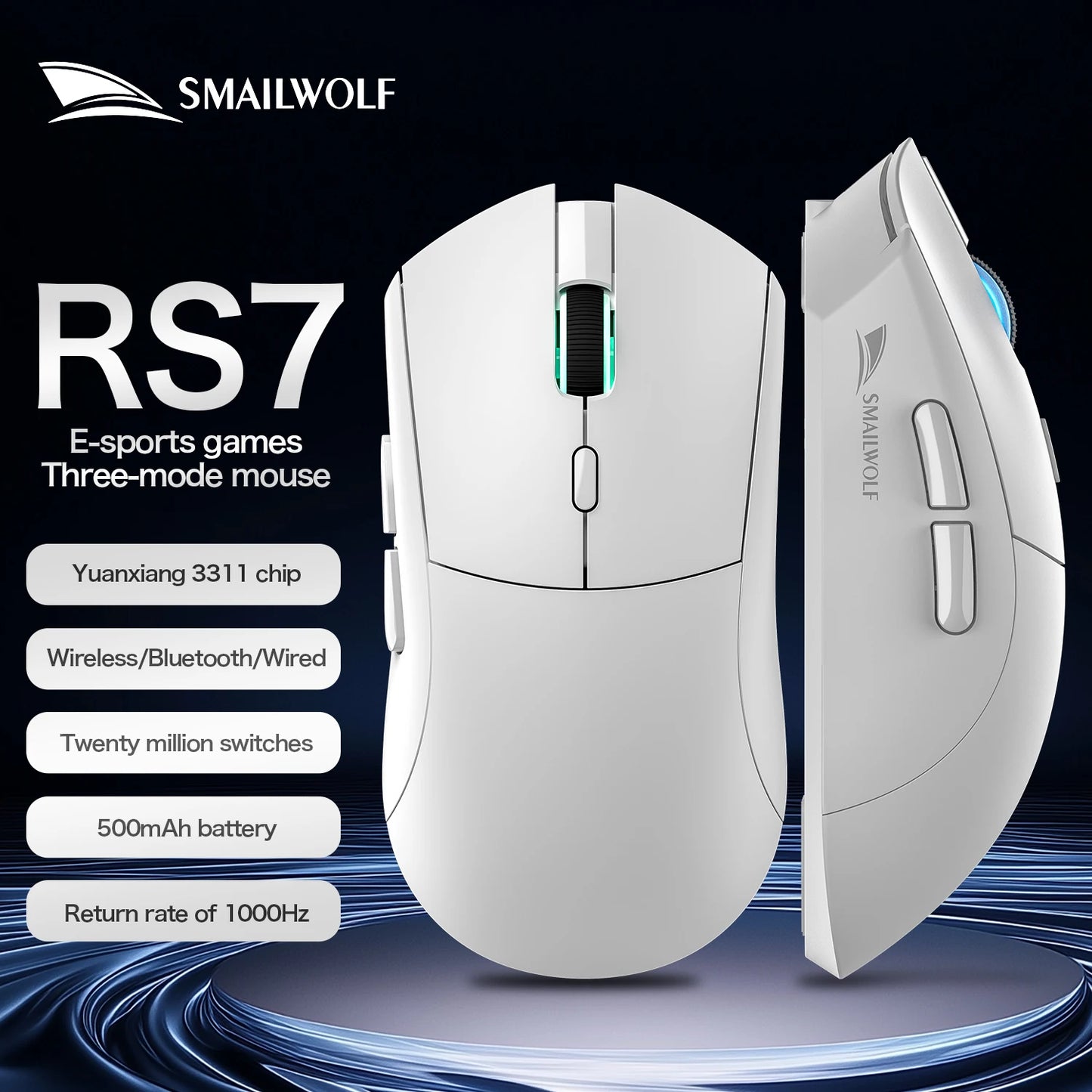 Ratón gaming inalámbrico Bluetooth SMAILWOLF RS7 de tres modos PAW3311 con macros, para portátil, gaming y oficina