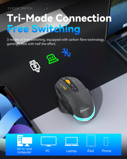 Mouse gaming tri-mode 12800DPI 2.4G Wireless Bluetooth cablato in fibra di carbonio, pulsante silenzioso, programmazione macro, 500mAh, 7 tasti