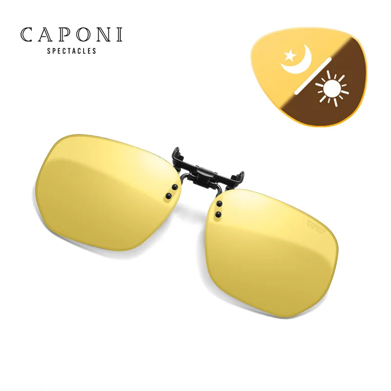 CAPONI New Sunglasses Clip For Men Square Polarized Photochromic Glasses Clip Flipped Up Protect Eyes Light Clip On Frame BS1103